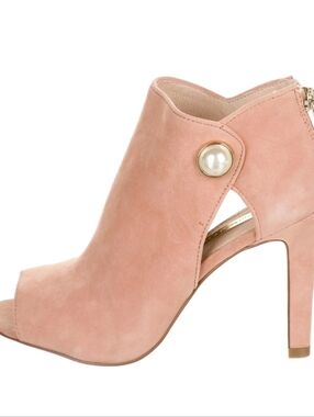 Louise et Cie Blush Suede Peep-Toe Ankle Booties with Pearl Button